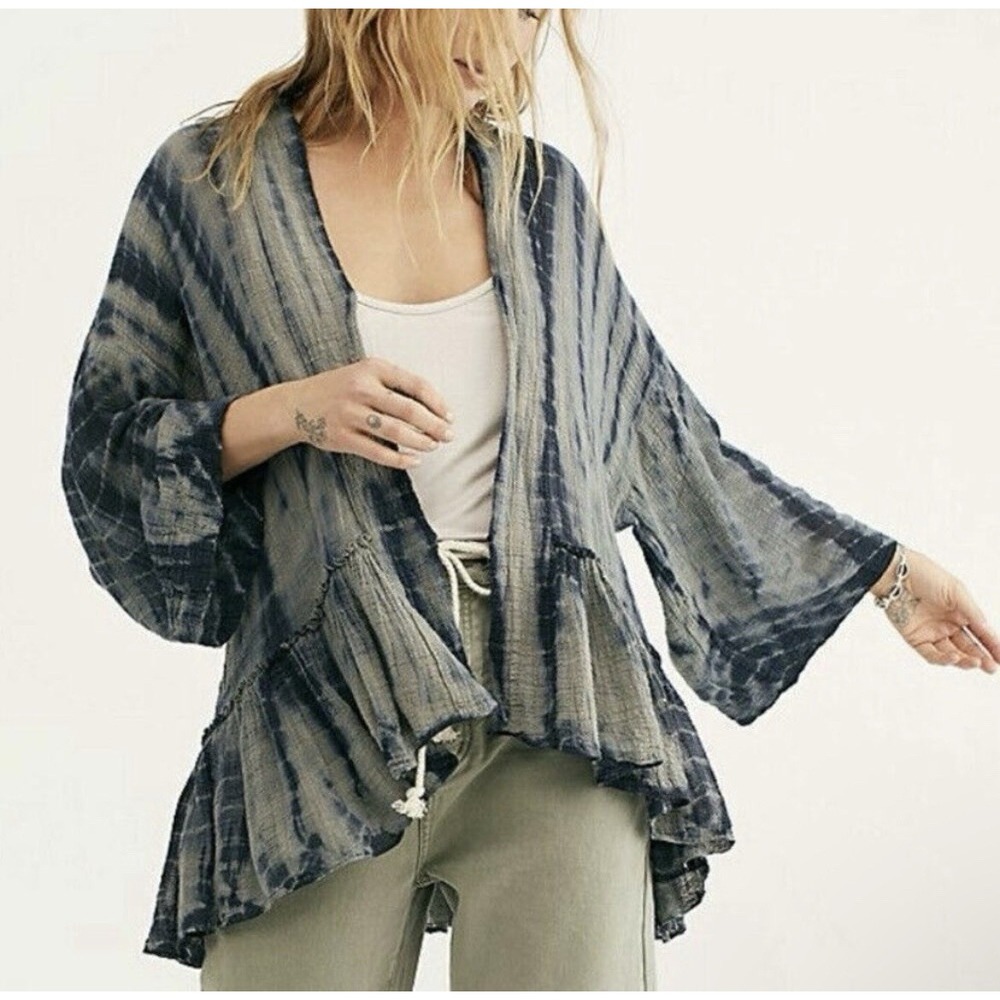 Free People One Sasha Tie-Dye Kimono Large Open Front Boho Bell Sleeves